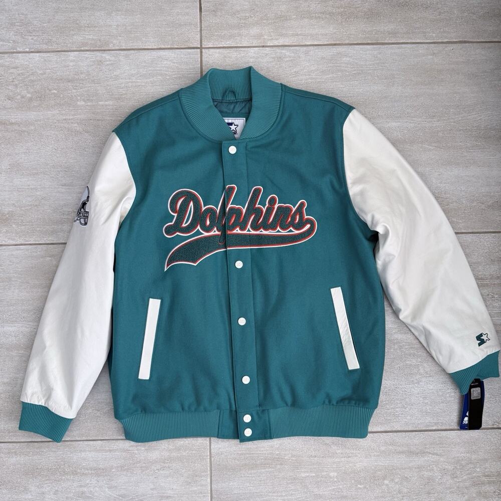 New Starter Miami Dolphins Varsity Jacket Teal/White Size 2XL LSDL0795